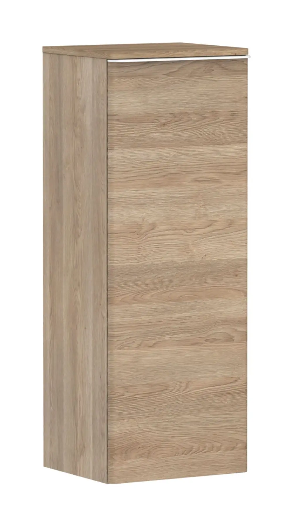 Ein Holzschrank in Eiche-Natur-Optik mit einer Tür auf der linken Seite. Der Schrank stammt von Hansgrohe und hat eine glatte Oberfläche.